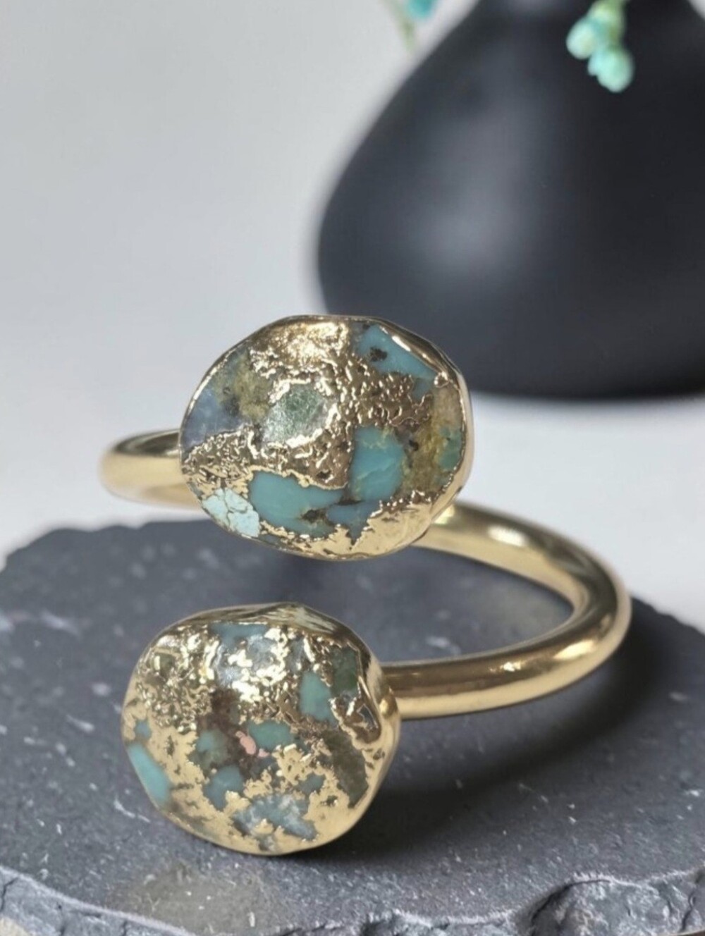 18k Gold Plated Genuine Mohave Turquoise Bypass Cocktail Ring